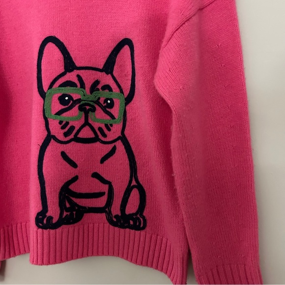 Boden Natalie Embroidered Sweater Party Pink French Bulldog - Picture 5 of 5